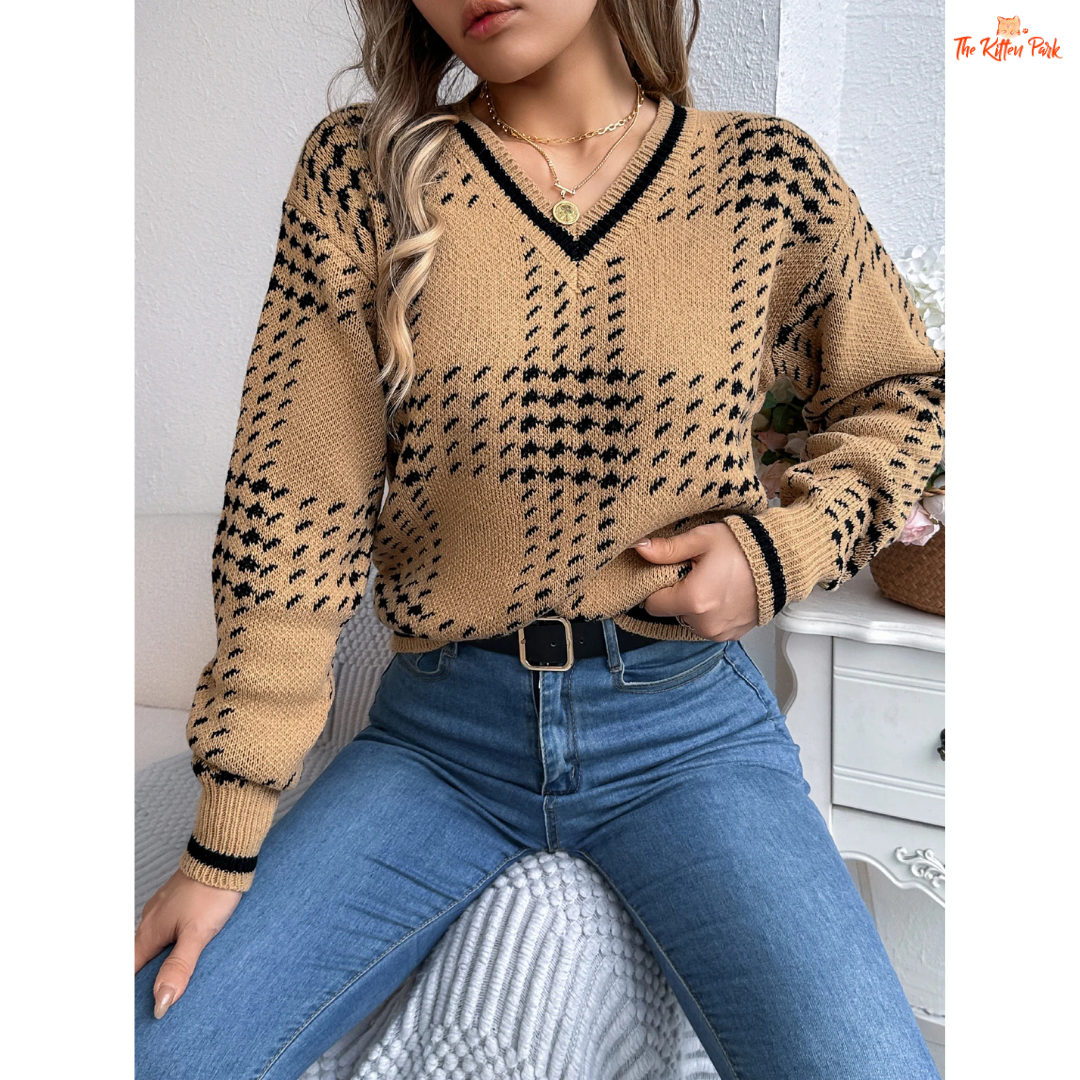 Women's V-Neck Color Block Grid Striped Sweater featuring plaid knit pattern, lantern sleeves, and cozy autumn-winter design in soft tones.