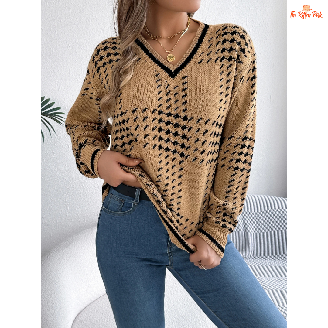 Women's V-Neck Color Block Grid Striped Sweater featuring plaid knit pattern, lantern sleeves, and cozy autumn-winter design in soft tones.