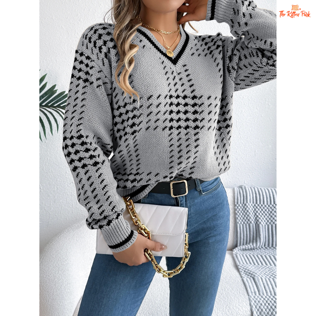Women's V-Neck Color Block Grid Striped Sweater featuring plaid knit pattern, lantern sleeves, and cozy autumn-winter design in soft tones.