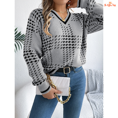 Women's V-Neck Color Block Grid Striped Sweater featuring plaid knit pattern, lantern sleeves, and cozy autumn-winter design in soft tones.