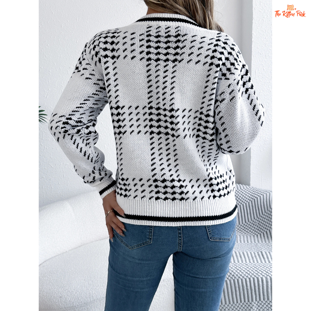 Women's V-Neck Color Block Grid Striped Sweater featuring plaid knit pattern, lantern sleeves, and cozy autumn-winter design in soft tones.