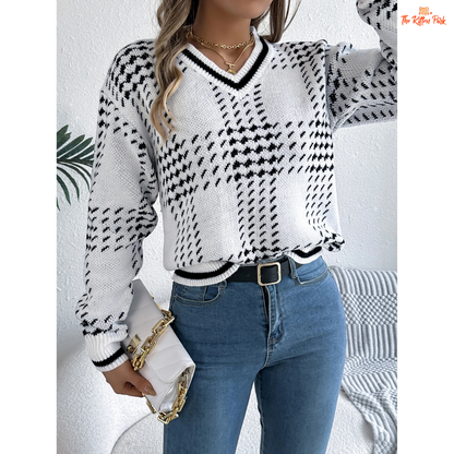 Women's V-Neck Color Block Grid Striped Sweater featuring plaid knit pattern, lantern sleeves, and cozy autumn-winter design in soft tones.
