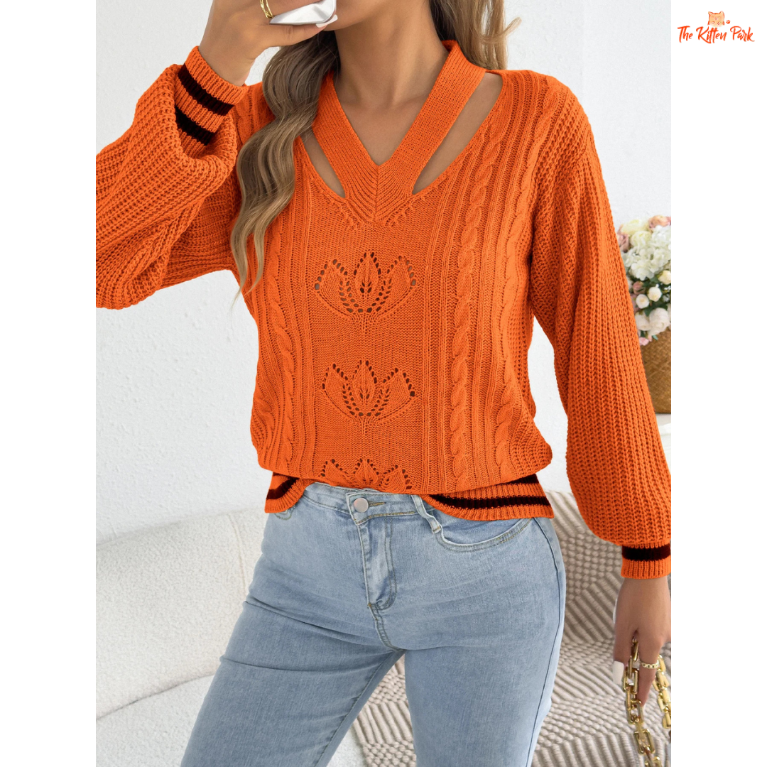 Women's V-Neck Floral Hollow Out Striped Sweater featuring floral knit details, lantern sleeves, and soft striped pattern in a cozy autumn design.