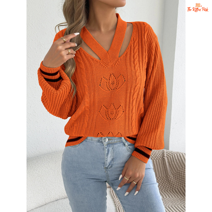 Women's V-Neck Floral Hollow Out Striped Sweater featuring floral knit details, lantern sleeves, and soft striped pattern in a cozy autumn design.