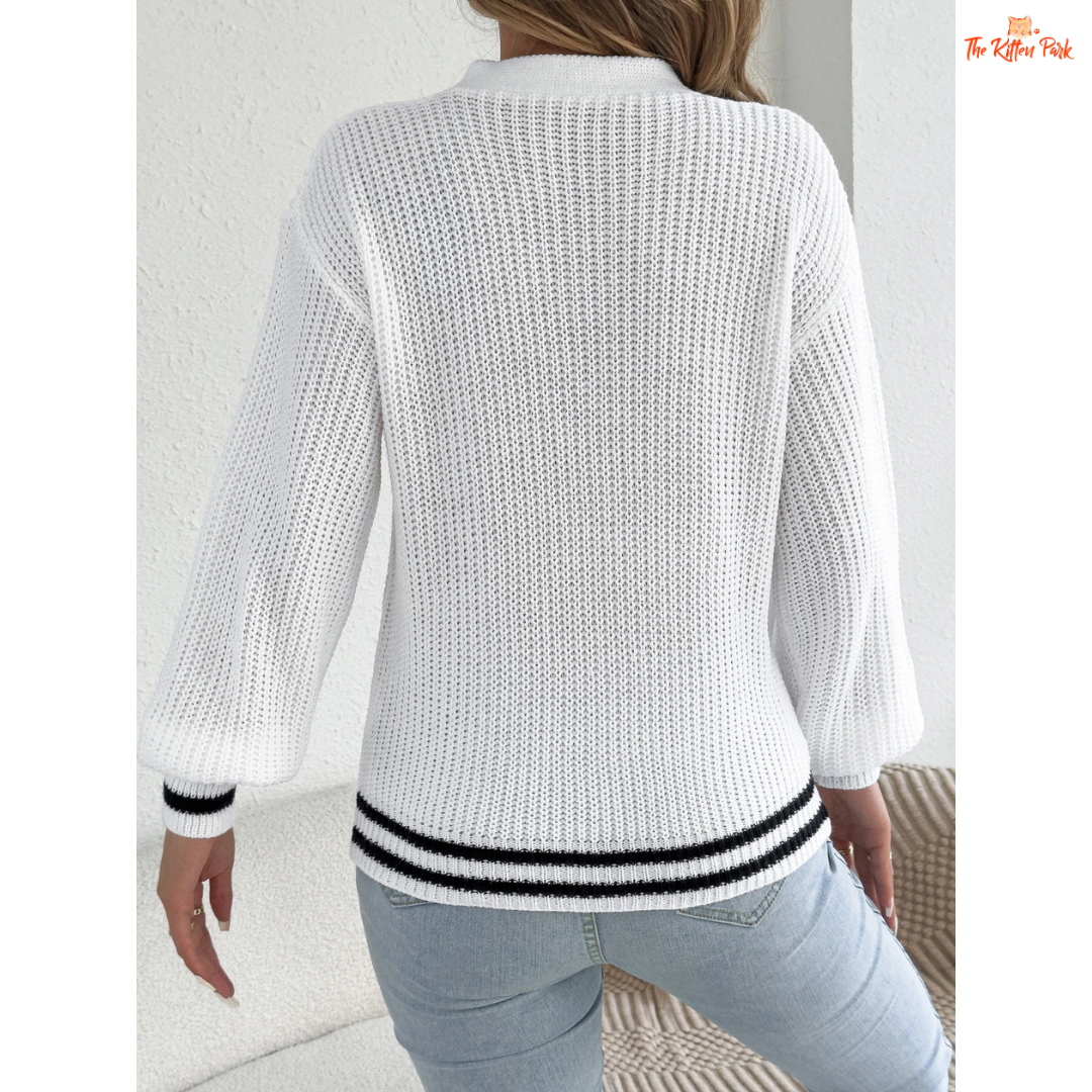 Women's V-Neck Floral Hollow Out Striped Sweater featuring floral knit details, lantern sleeves, and soft striped pattern in a cozy autumn design.