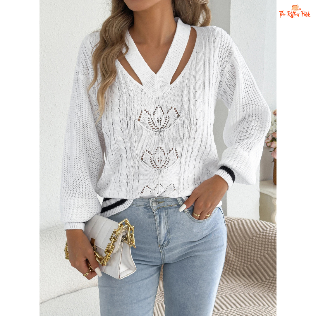 Women's V-Neck Floral Hollow Out Striped Sweater featuring floral knit details, lantern sleeves, and soft striped pattern in a cozy autumn design.