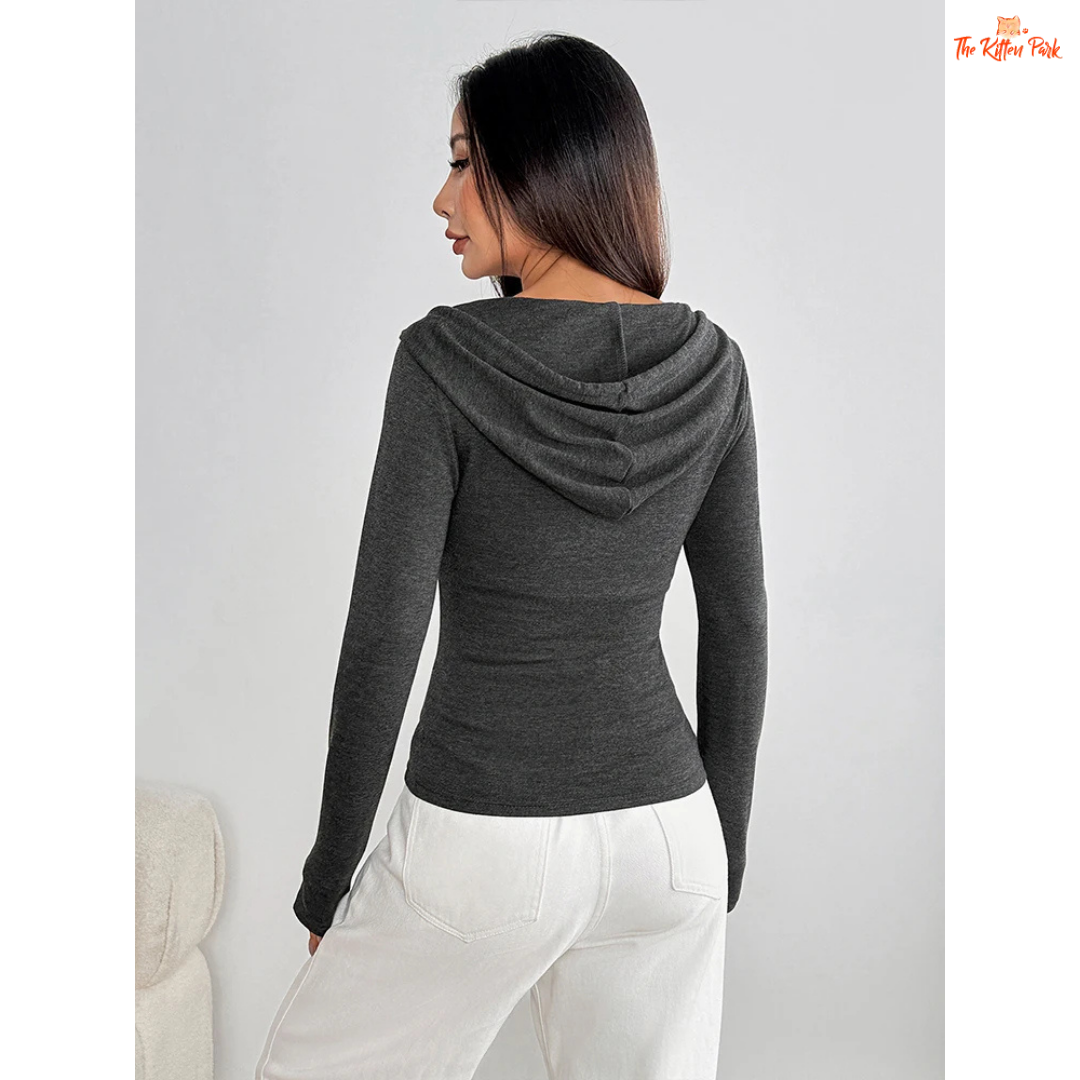 Women’s V-Neck Lace-Up Hoodie Top featuring a wool-lined interior, lace-up neckline, and sporty streetwear design in dark gray for autumn comfort.
