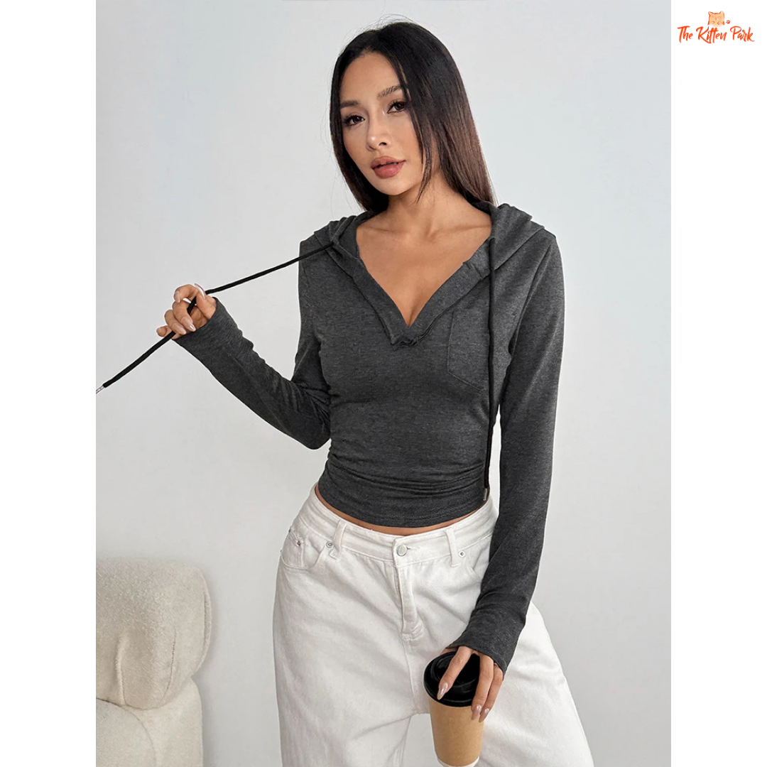 Women’s V-Neck Lace-Up Hoodie Top featuring a wool-lined interior, lace-up neckline, and sporty streetwear design in dark gray for autumn comfort.