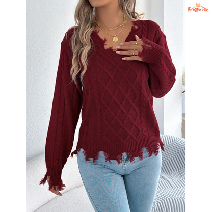 A women’s heavyweight acrylic V-neck sweater with ripped tassel detailing, full sleeves, and a regular fit, designed for casual autumn and winter outfits.