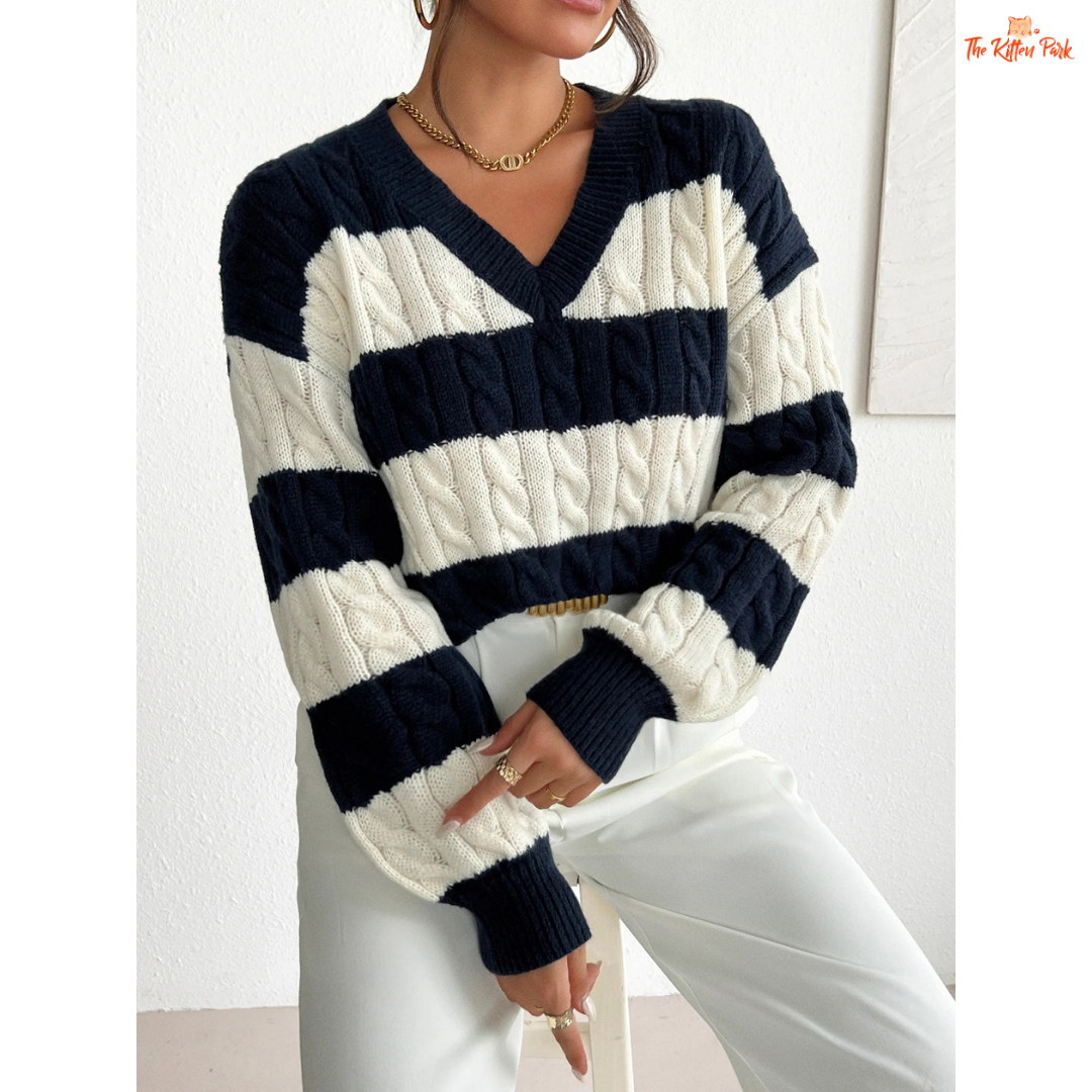 Women’s V-Neck Twisted Flower Pullover Sweater in navy blue, featuring striped twisted flower knit design and comfortable regular fit for autumn and winter.