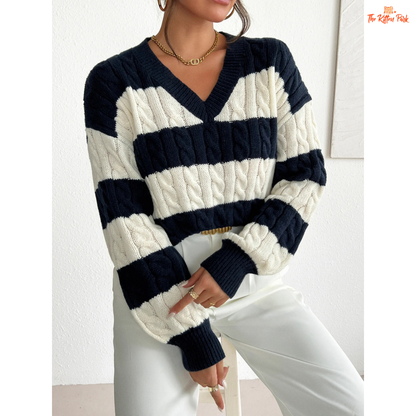 Women’s V-Neck Twisted Flower Pullover Sweater in navy blue, featuring striped twisted flower knit design and comfortable regular fit for autumn and winter.