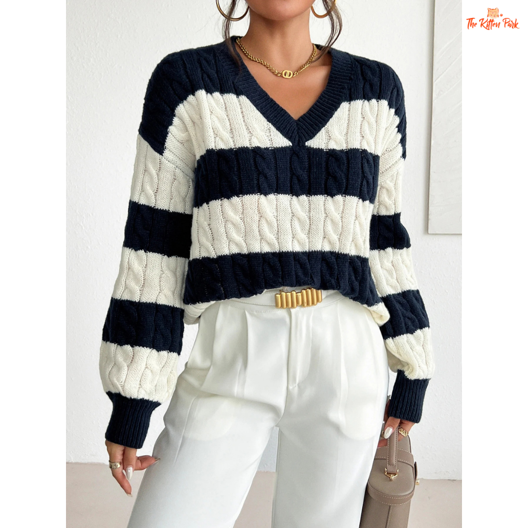Women’s V-Neck Twisted Flower Pullover Sweater in navy blue, featuring striped twisted flower knit design and comfortable regular fit for autumn and winter.