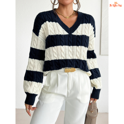 Women’s V-Neck Twisted Flower Pullover Sweater in navy blue, featuring striped twisted flower knit design and comfortable regular fit for autumn and winter.
