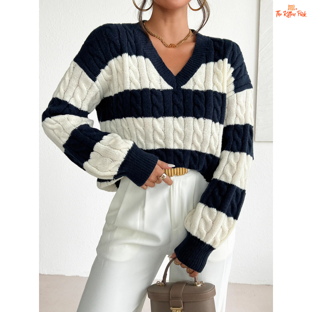 Women’s V-Neck Twisted Flower Pullover Sweater in navy blue, featuring striped twisted flower knit design and comfortable regular fit for autumn and winter.