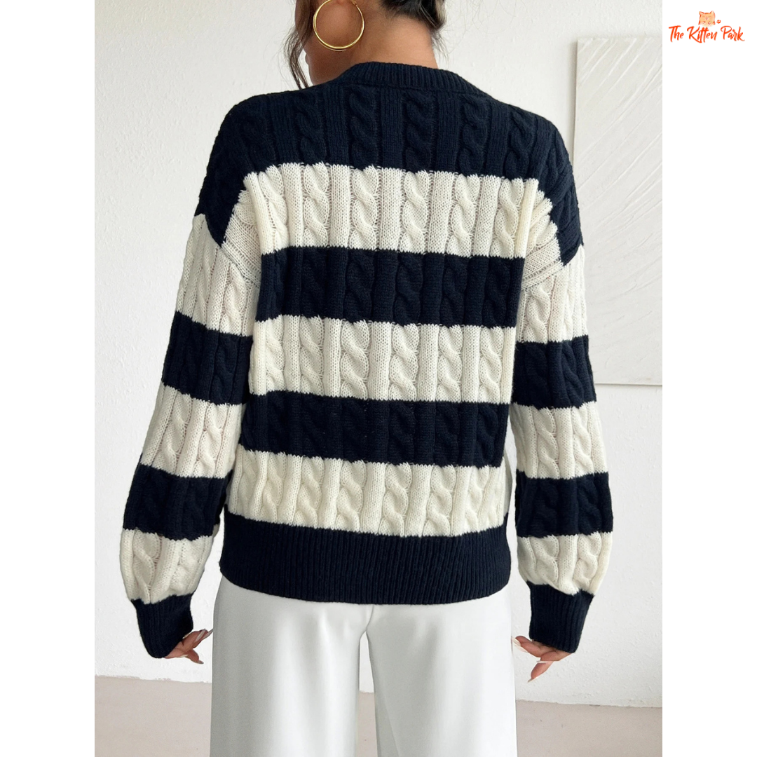 Women’s V-Neck Twisted Flower Pullover Sweater in navy blue, featuring striped twisted flower knit design and comfortable regular fit for autumn and winter.