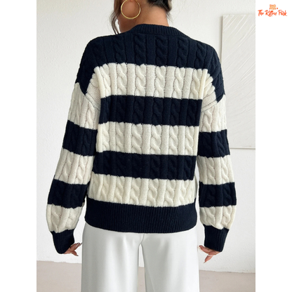 Women’s V-Neck Twisted Flower Pullover Sweater in navy blue, featuring striped twisted flower knit design and comfortable regular fit for autumn and winter.