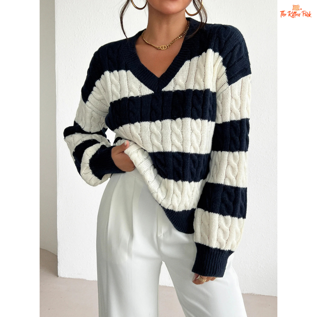 Women’s V-Neck Twisted Flower Pullover Sweater in navy blue, featuring striped twisted flower knit design and comfortable regular fit for autumn and winter.