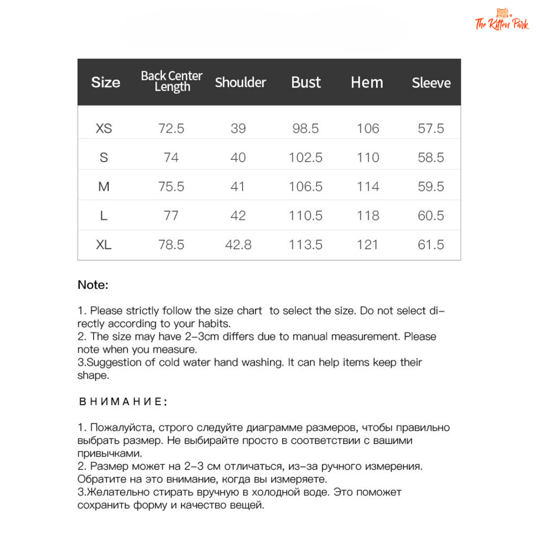 Size chart for clothing with measurements in centimeters, featuring The Raffia Park logo.