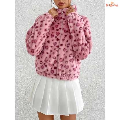 Women's Winter Fleece Jacket, plush slim-fit zip-up coat with fleece thickness and printed casual design for autumn and winter.