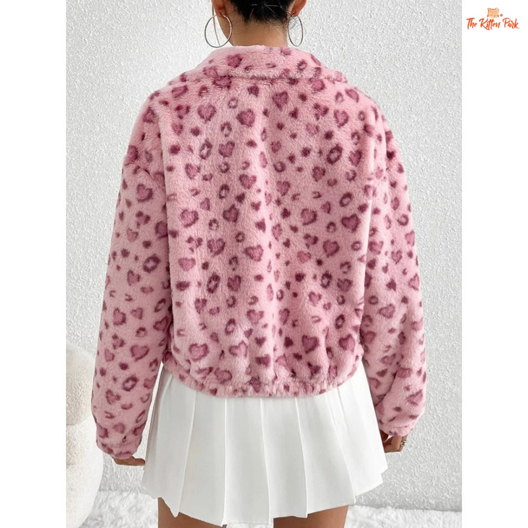 Women's Winter Fleece Jacket, plush slim-fit zip-up coat with fleece thickness and printed casual design for autumn and winter.