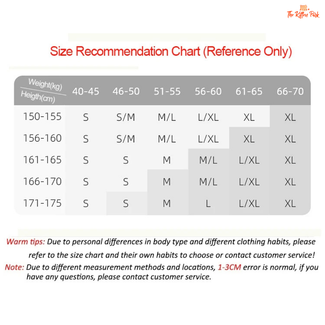 Size recommendation chart for clothing with weight and height ranges.