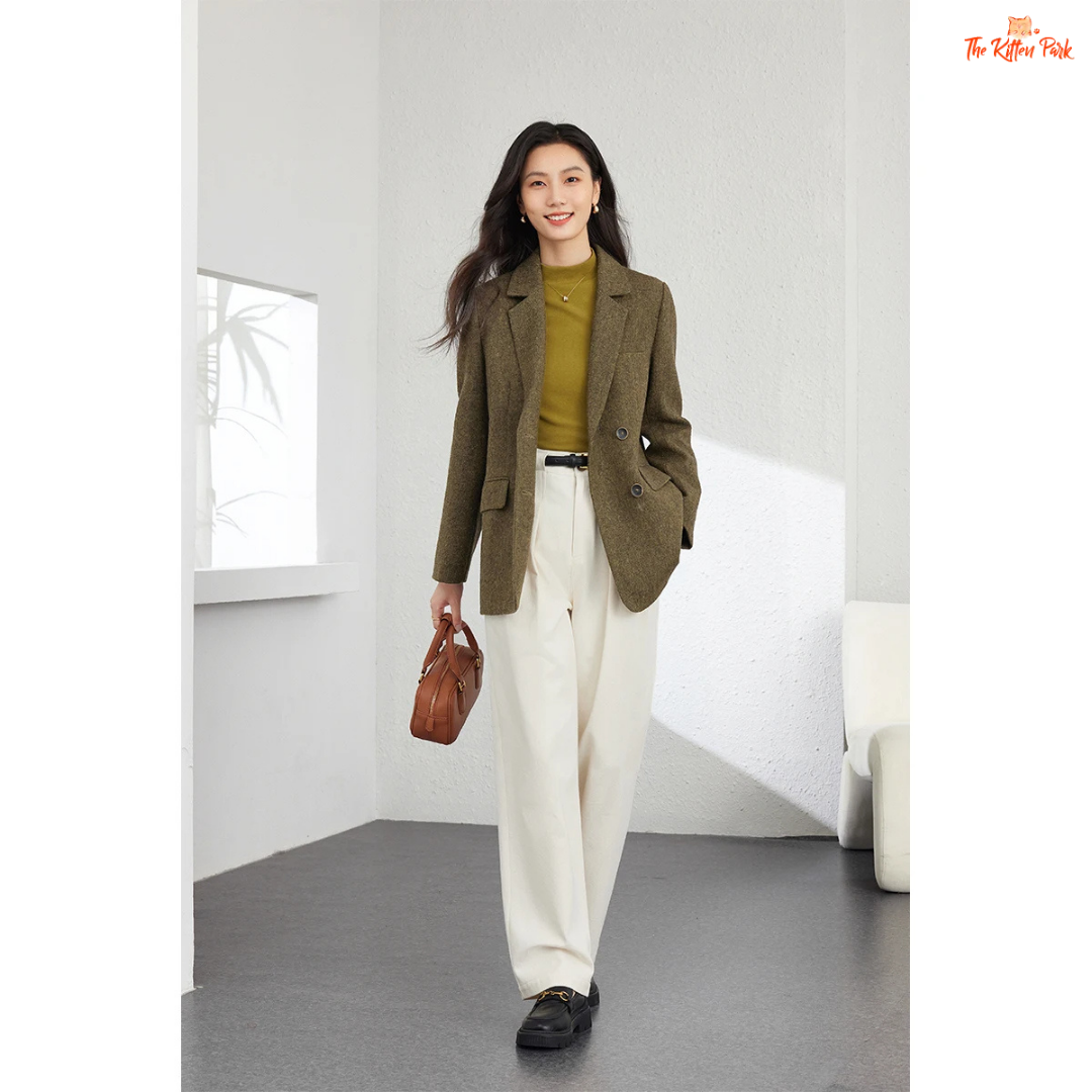 Women’s amber green wool blend blazer with single-breasted closure, turn-down collar, and pockets, designed for autumn and winter office style.