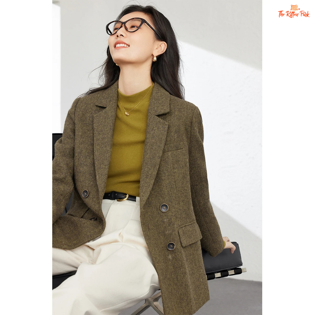 Women’s amber green wool blend blazer with single-breasted closure, turn-down collar, and pockets, designed for autumn and winter office style.