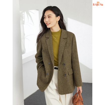 Women’s amber green wool blend blazer with single-breasted closure, turn-down collar, and pockets, designed for autumn and winter office style.