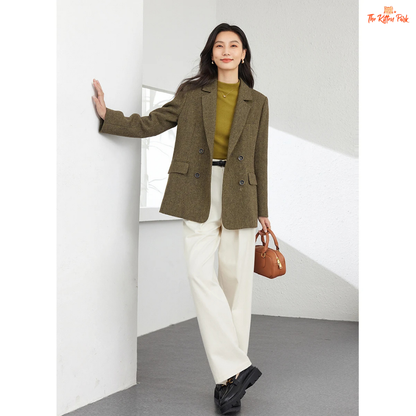 Women’s amber green wool blend blazer with single-breasted closure, turn-down collar, and pockets, designed for autumn and winter office style.