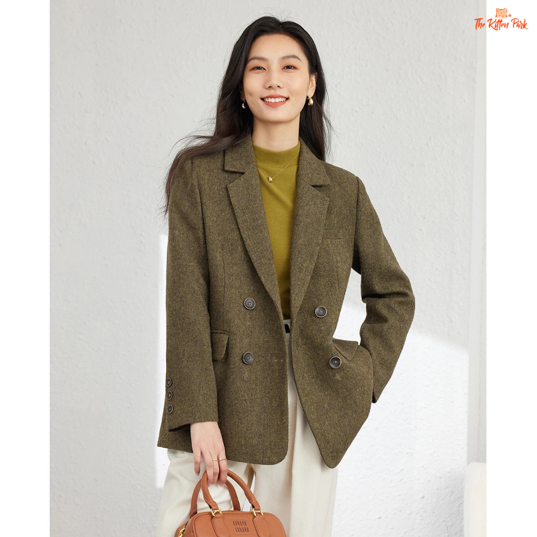 Women’s amber green wool blend blazer with single-breasted closure, turn-down collar, and pockets, designed for autumn and winter office style.