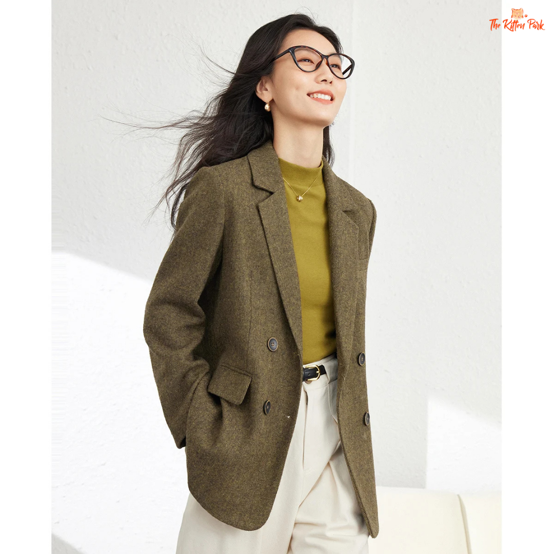Women’s amber green wool blend blazer with single-breasted closure, turn-down collar, and pockets, designed for autumn and winter office style.