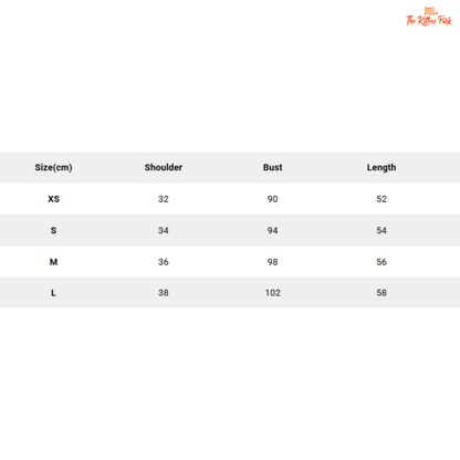 Size chart for clothing with shoulder, bust, and length measurements in centimeters.