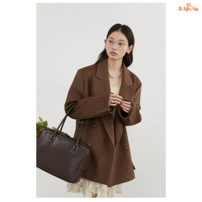 A women’s vintage woolen blazer with a V-neck, double-breasted closure, striped pattern, and loose fit, ideal for autumn and winter office wear.