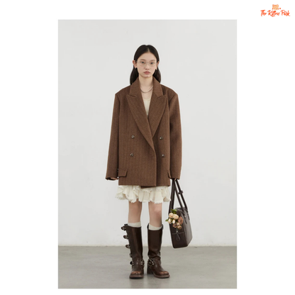 A women’s vintage woolen blazer with a V-neck, double-breasted closure, striped pattern, and loose fit, ideal for autumn and winter office wear.