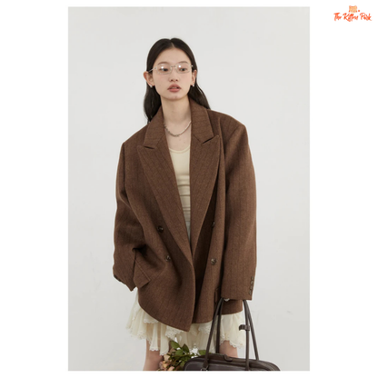 A women’s vintage woolen blazer with a V-neck, double-breasted closure, striped pattern, and loose fit, ideal for autumn and winter office wear.