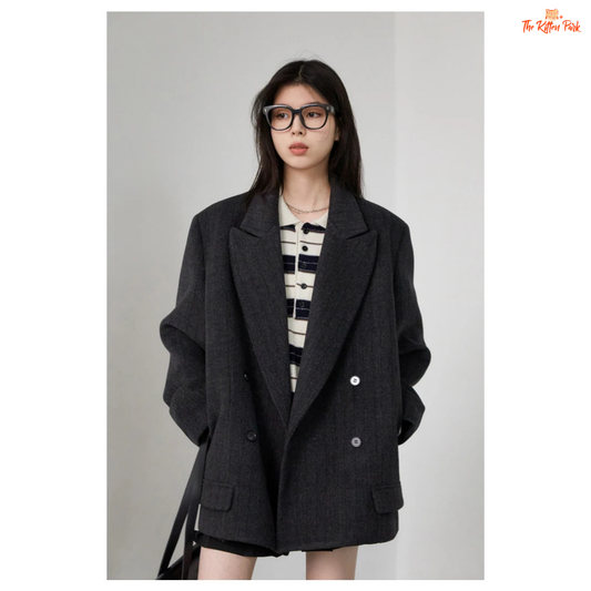 A women’s vintage woolen blazer with a V-neck, double-breasted closure, striped pattern, and loose fit, ideal for autumn and winter office wear.