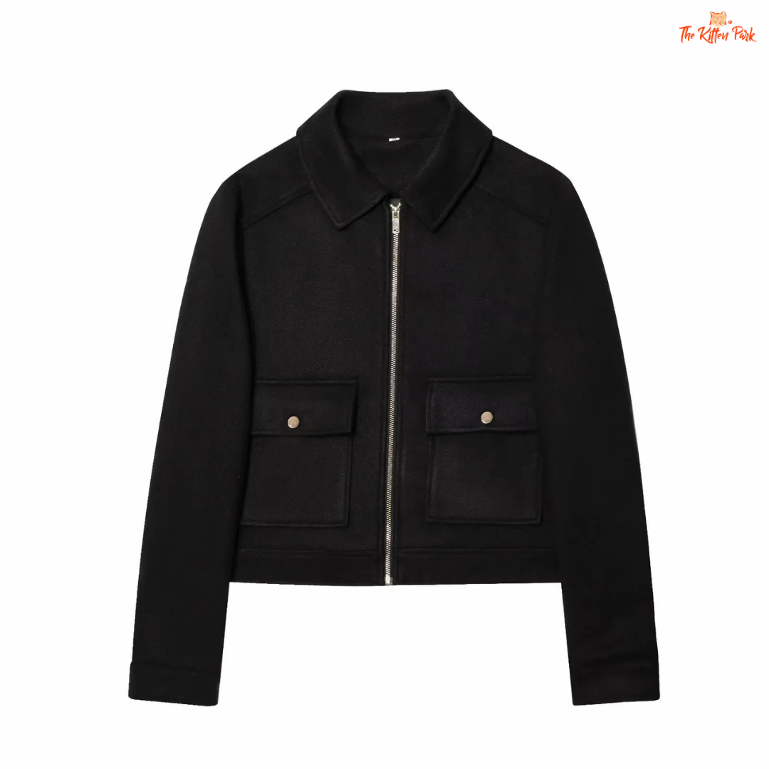 Short zipper jacket for women with turn-down collar, full sleeves, pockets, and casual winter street style in polyester.