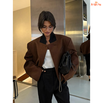 Coffee brown women's vintage lapel short jacket with full sleeves, pockets, and turtleneck collar for casual autumn wear.