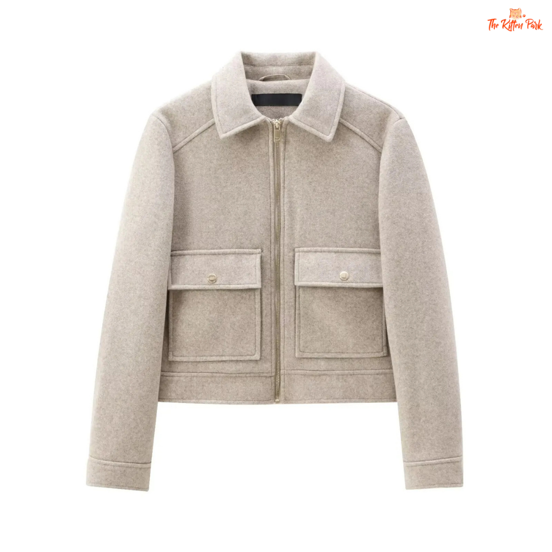 Short zipper jacket for women with turn-down collar, full sleeves, pockets, and casual winter street style in polyester.