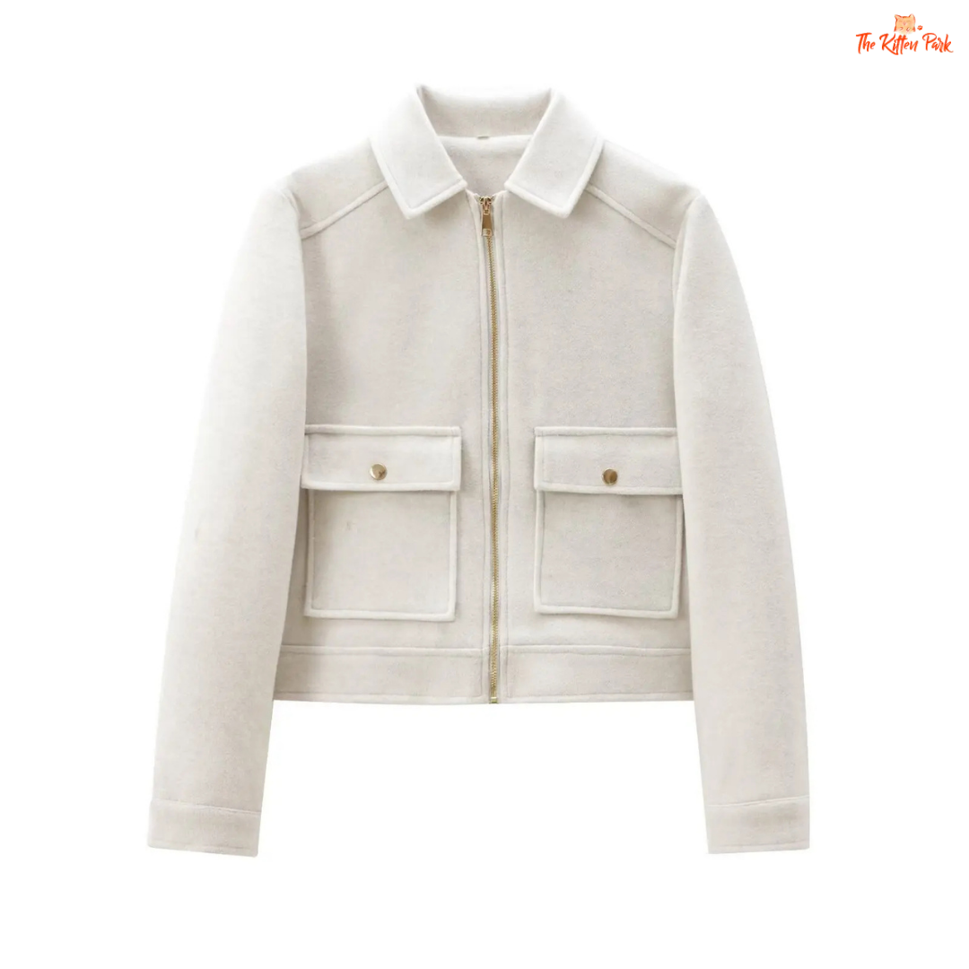 Short zipper jacket for women with turn-down collar, full sleeves, pockets, and casual winter street style in polyester.