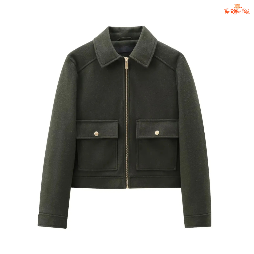 Short zipper jacket for women with turn-down collar, full sleeves, pockets, and casual winter street style in polyester.