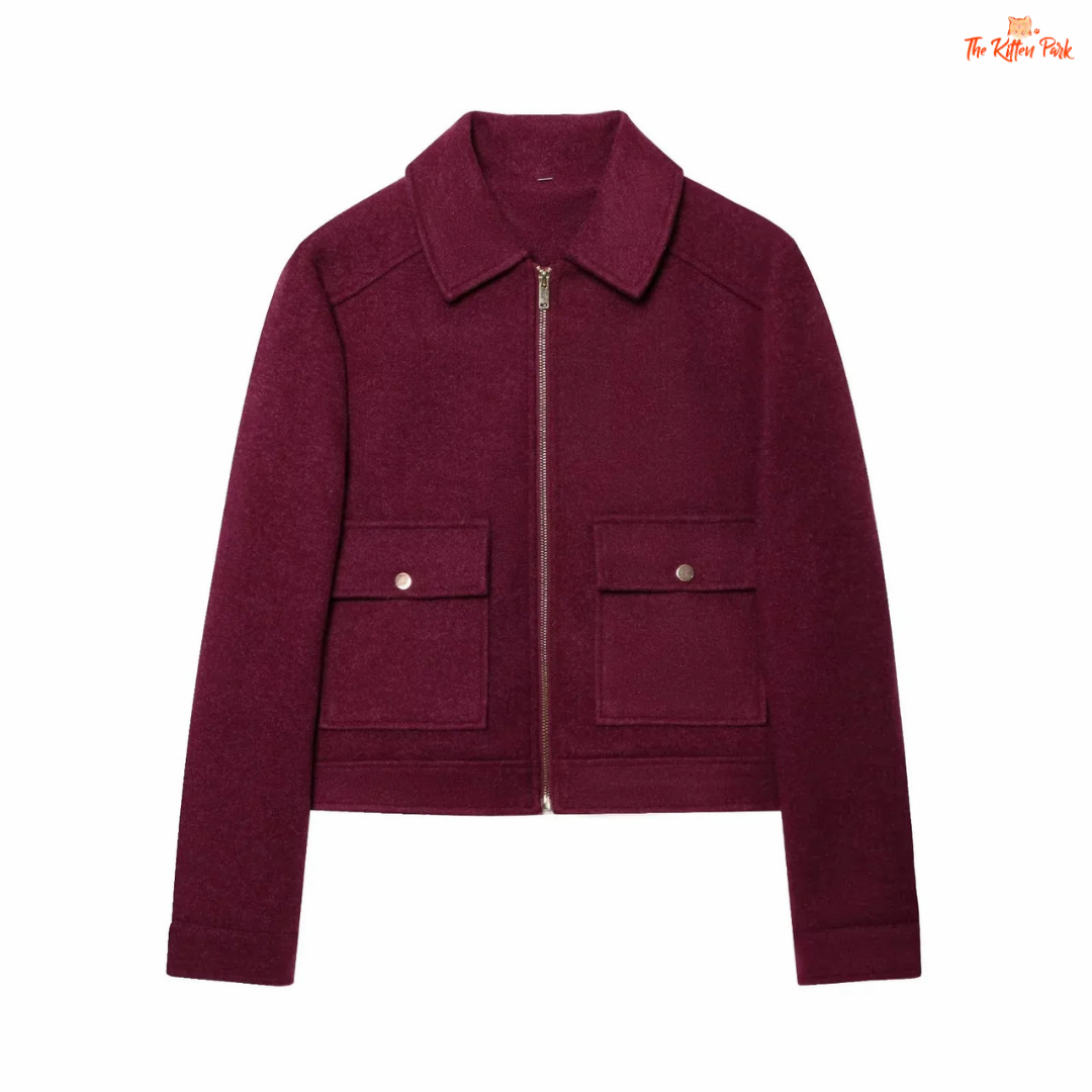 Short zipper jacket for women with turn-down collar, full sleeves, pockets, and casual winter street style in polyester.