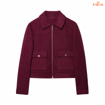 Short zipper jacket for women with turn-down collar, full sleeves, pockets, and casual winter street style in polyester.