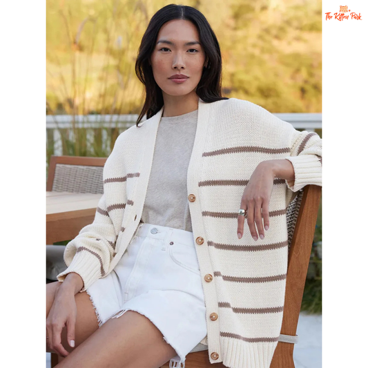 A women’s striped knit cardigan with V-neck, long sleeves, and single-breasted closure, made of cotton for autumn and winter wear.