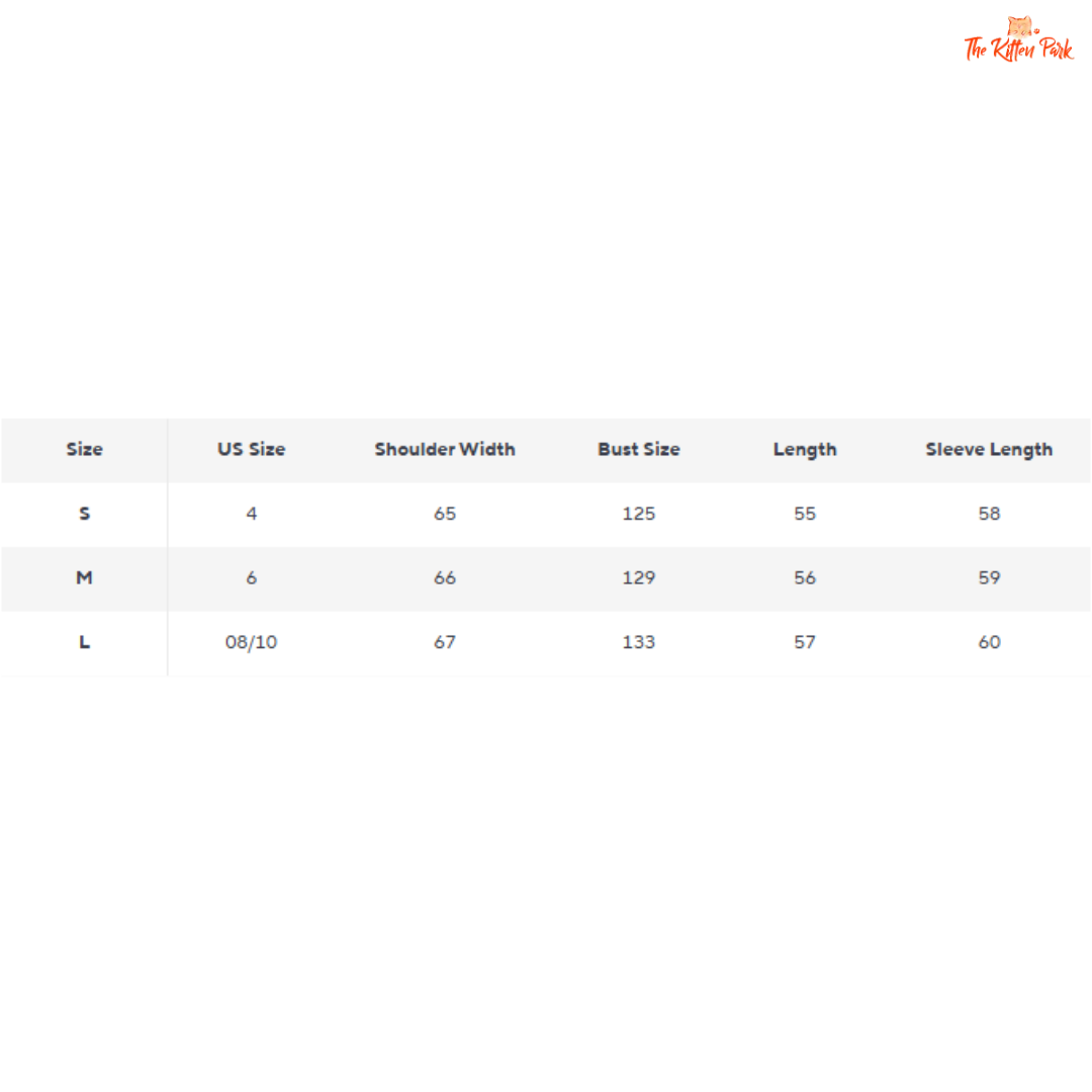 Size chart for clothing with shoulder, bust, length, and sleeve measurements.