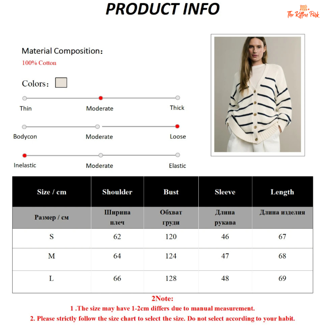 Product information card with a woman wearing a striped sweater, material composition details, color swatches, size chart, and brand logo.