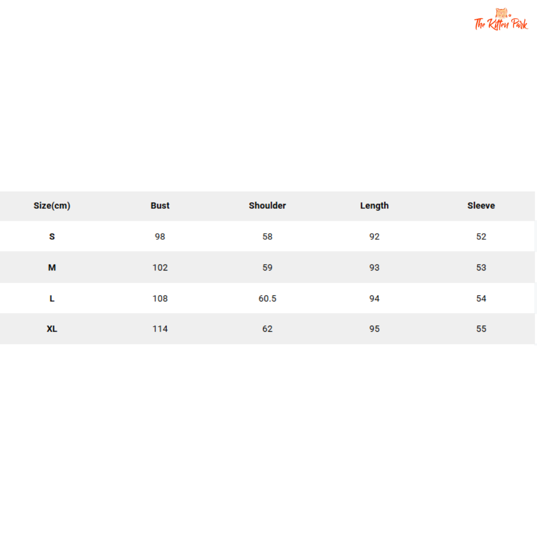 Size chart for clothing with measurements in centimeters