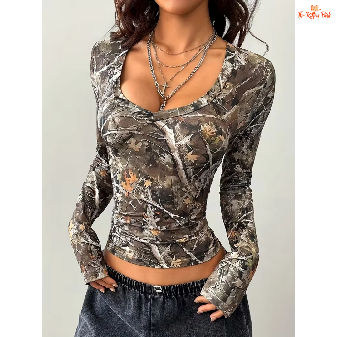 Y2K Tree Branch V-Neck Street Top