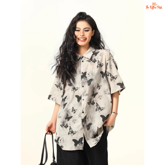 Oversized Y2K butterfly print shirt with turn-down collar, short sleeves, and single-breasted front — a lightweight streetwear blouse in Harajuku style.