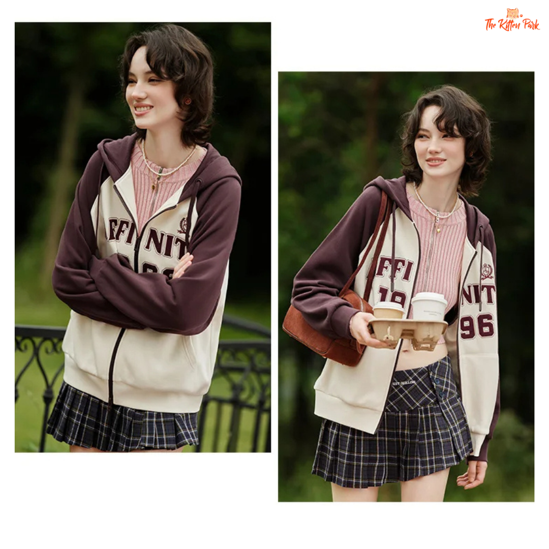 A women’s hooded embroidered jacket with a loose fit, color-block design, zipper closure, full sleeves, and casual autumn style.
